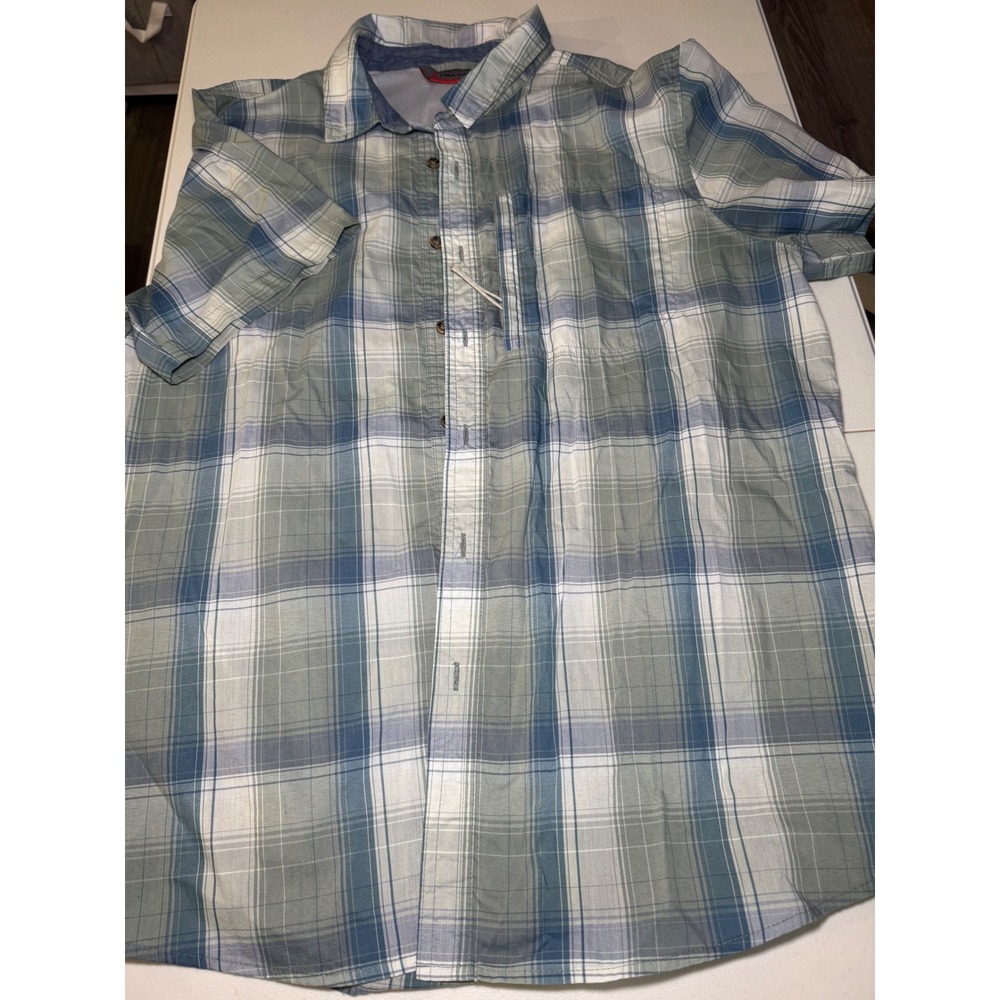 Free Country Mens XL Blue Green Plaid Short Sleeve Button Down Hiking Shirt